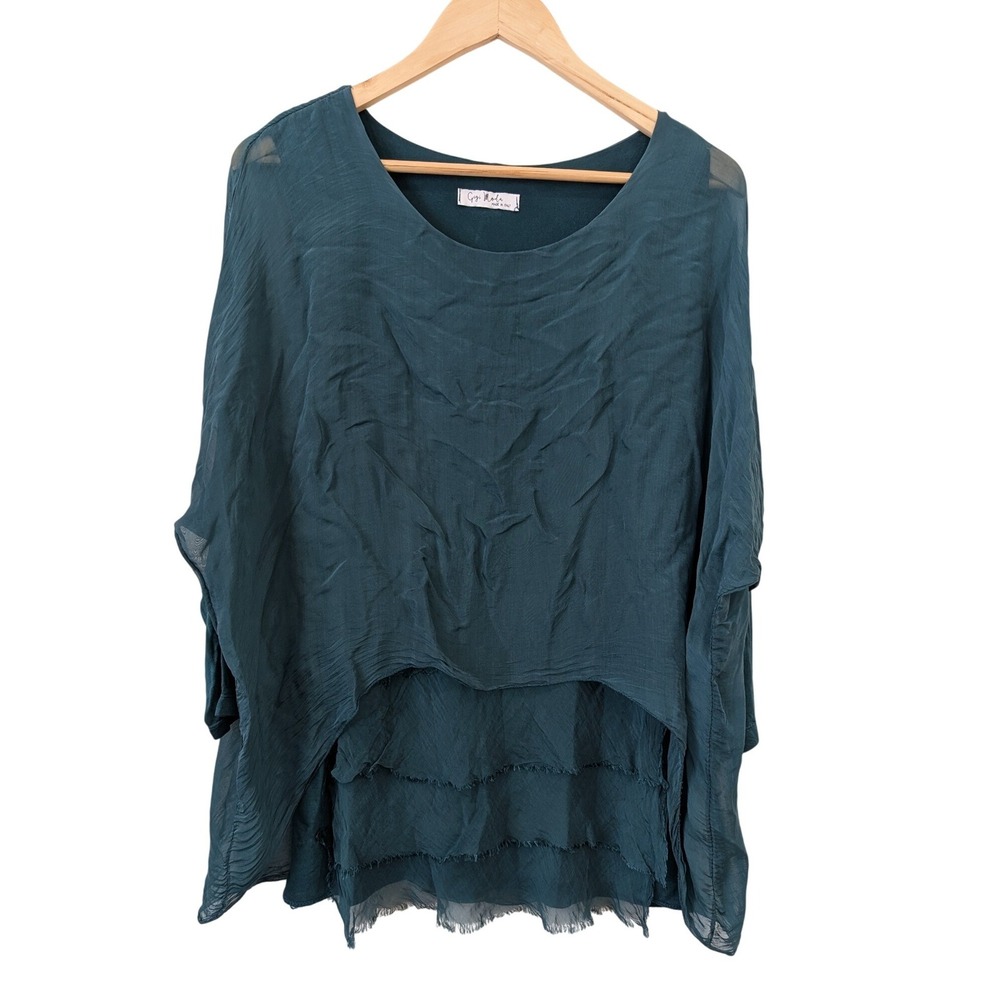 Gigi Moda Teal Green Silk Layered Tunic Top Made in Italy Oversized Lagenlook OS
